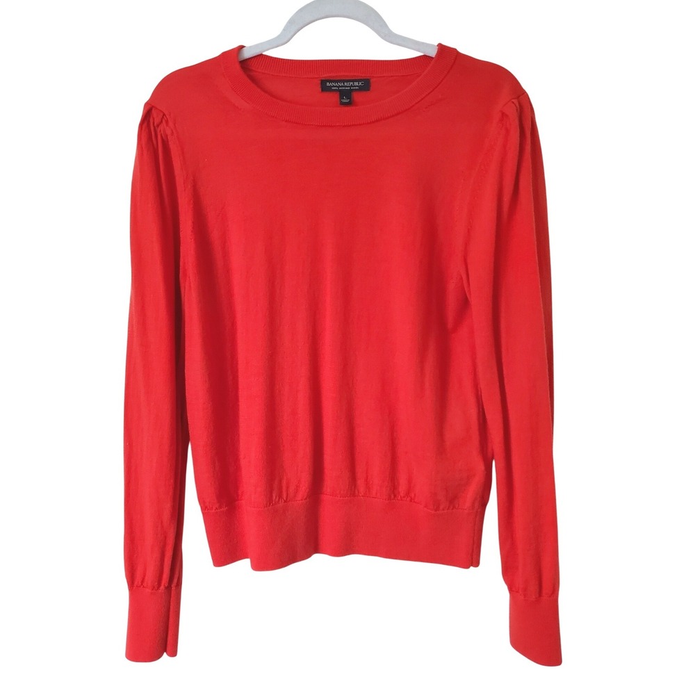 Banana Republic Womens Red 100% Merino Wool Puff Shoulder Sweater Large Light